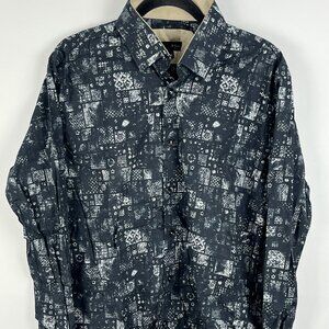 Homem Casual Button Down Shirt Size XL Black Gray Long Sleeve Slim Fit Cotton